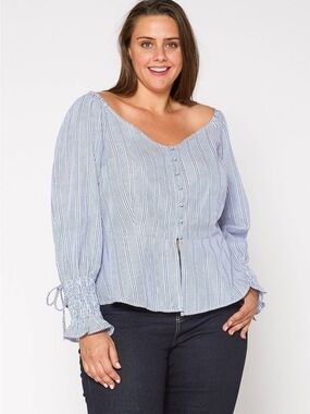 Light Blue Striped Peasant Blouse with Button Front